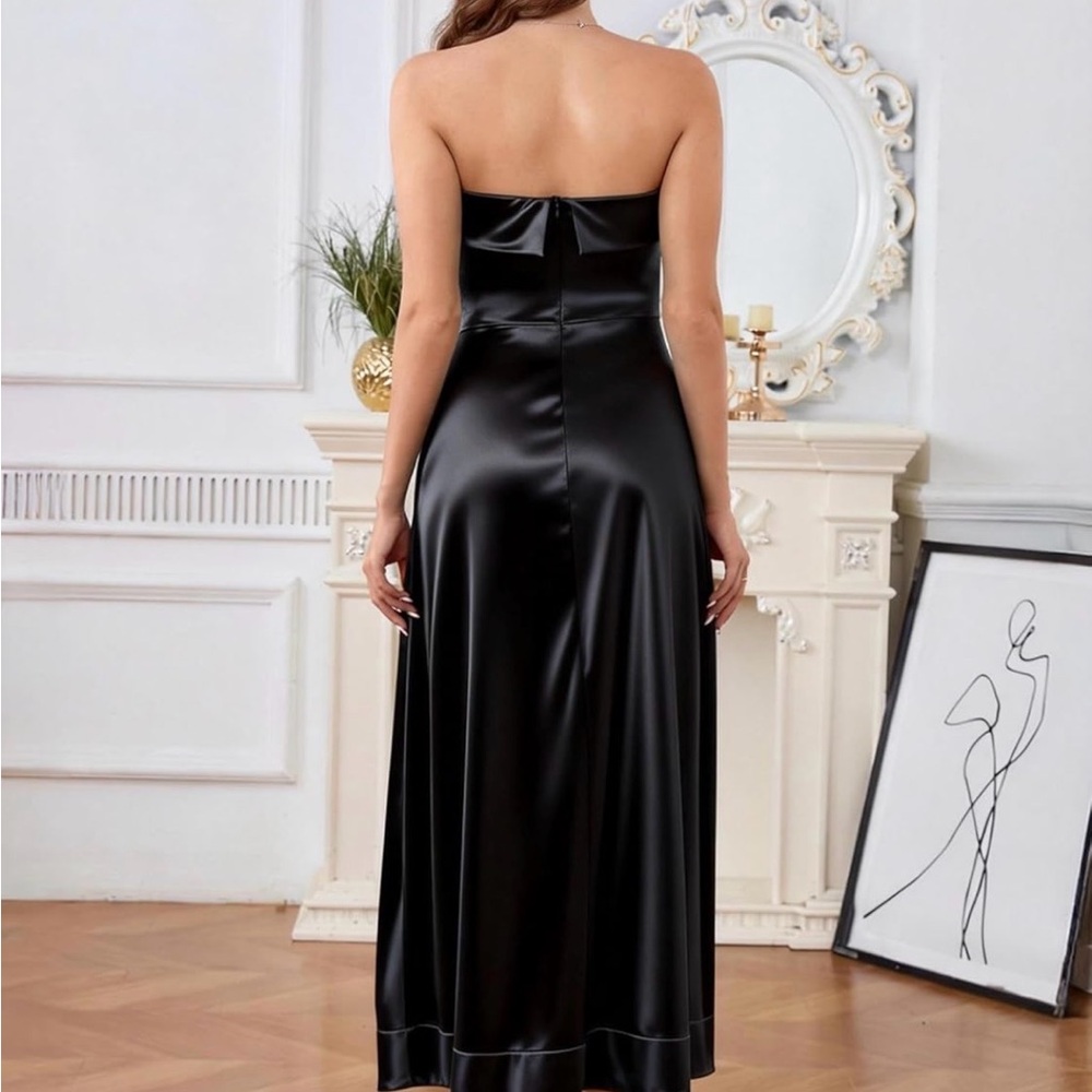 Satin Strapless Tube Dress Elegant Formal Maxi Backless Dress with Pockets - Picture 2 of 7